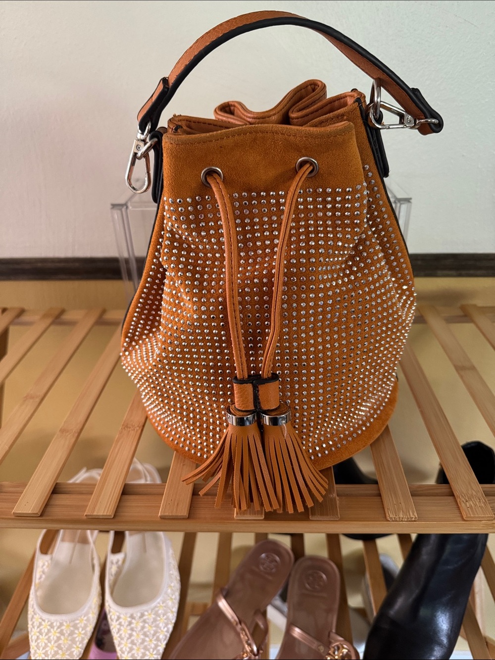 Studded Tassel Drawstring Bucket Bag - Tan